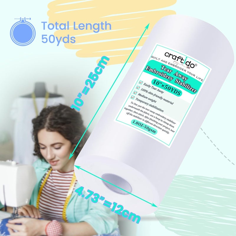 craftido Tear Away Embroidery Stabilizer Backing 10" x 50 Yd/roll Compatible with Most Hoops 1.8oz Medium Weight for Machine Embroidery and Hand Sewing - Image 2